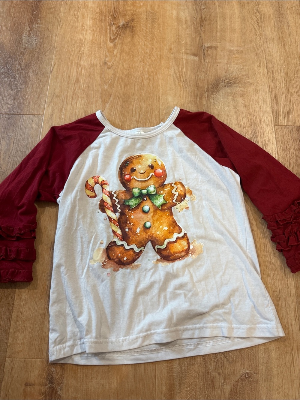 Girls White & Red Raglan Top with Gingerbread Graphic